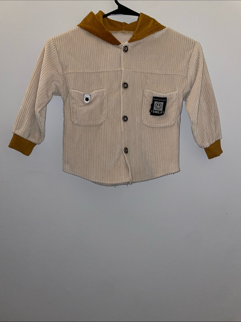 Boys Corduroy Button-Up Jacket with Mustard Hood
